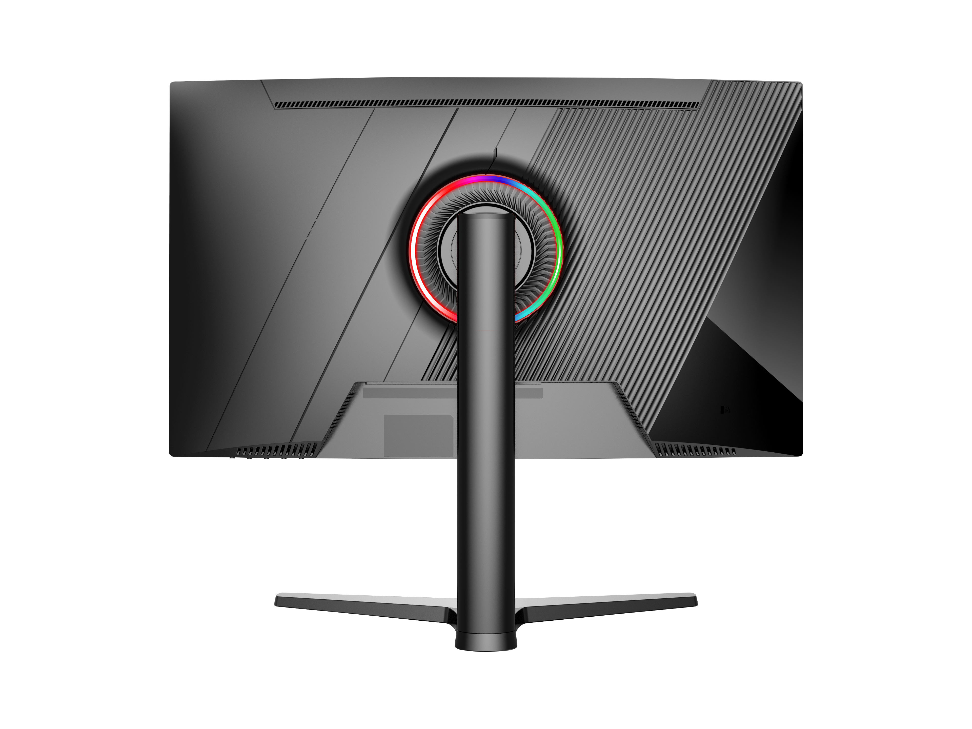 RGB aydınlatmalı siyah monitörün arka görünümü ve üçgen stand.