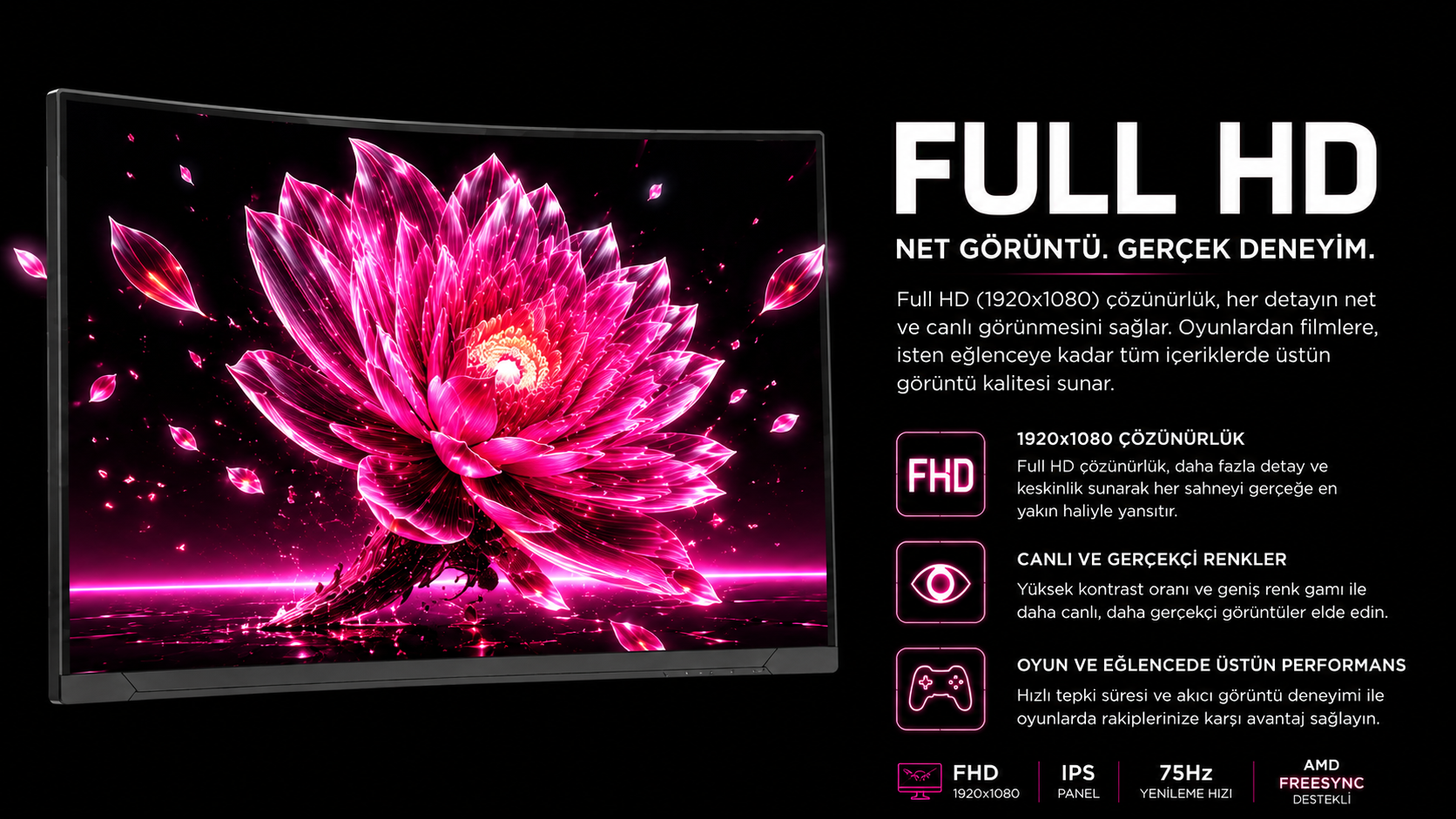 Siyah arka plan üzerinde canlı, pembe çiçek grafiği gösteren bir monitör.