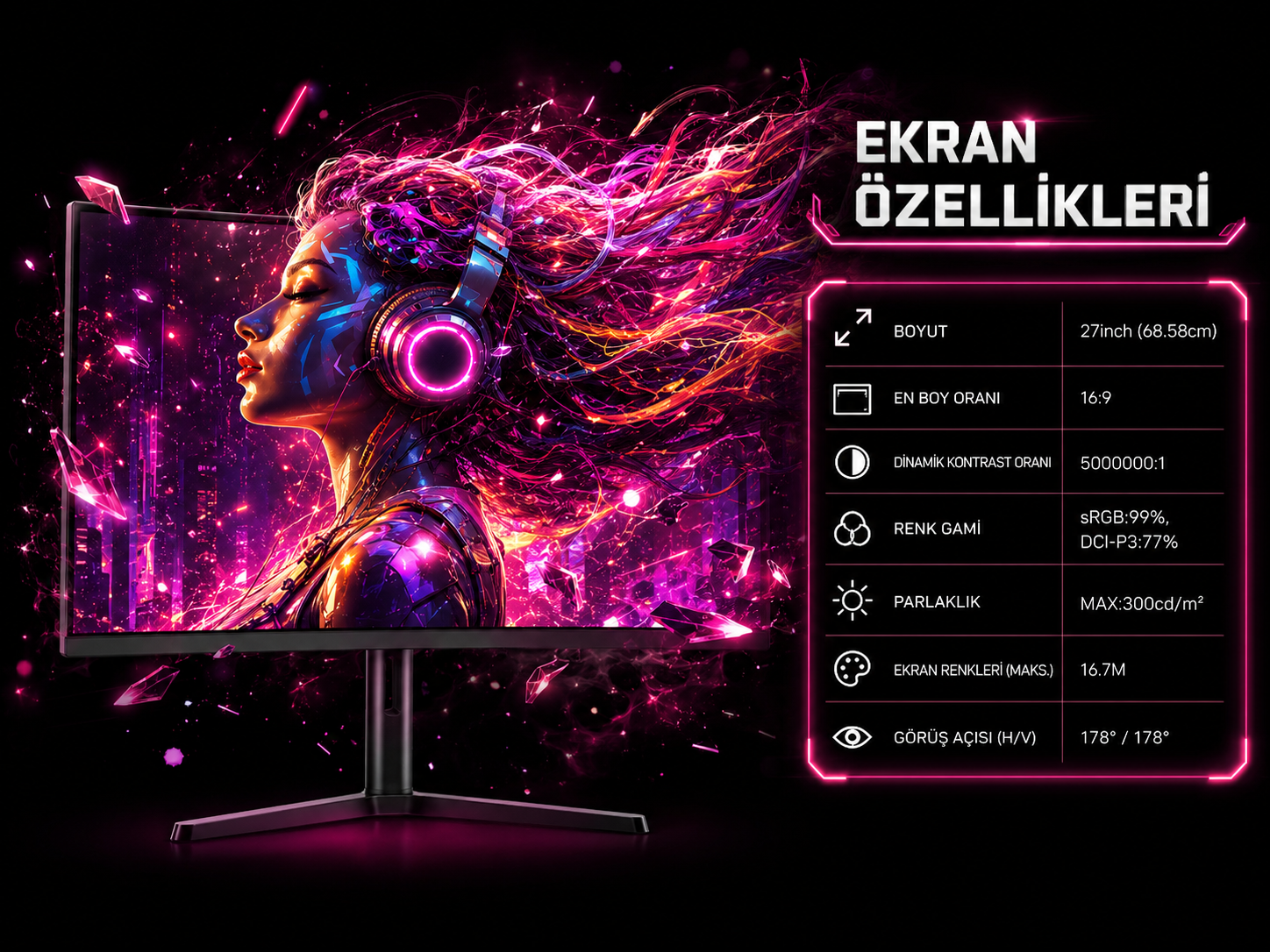 Kulaklıklı bir kadının canlı, neon grafiklerini gösteren kavisli bir monitör.
