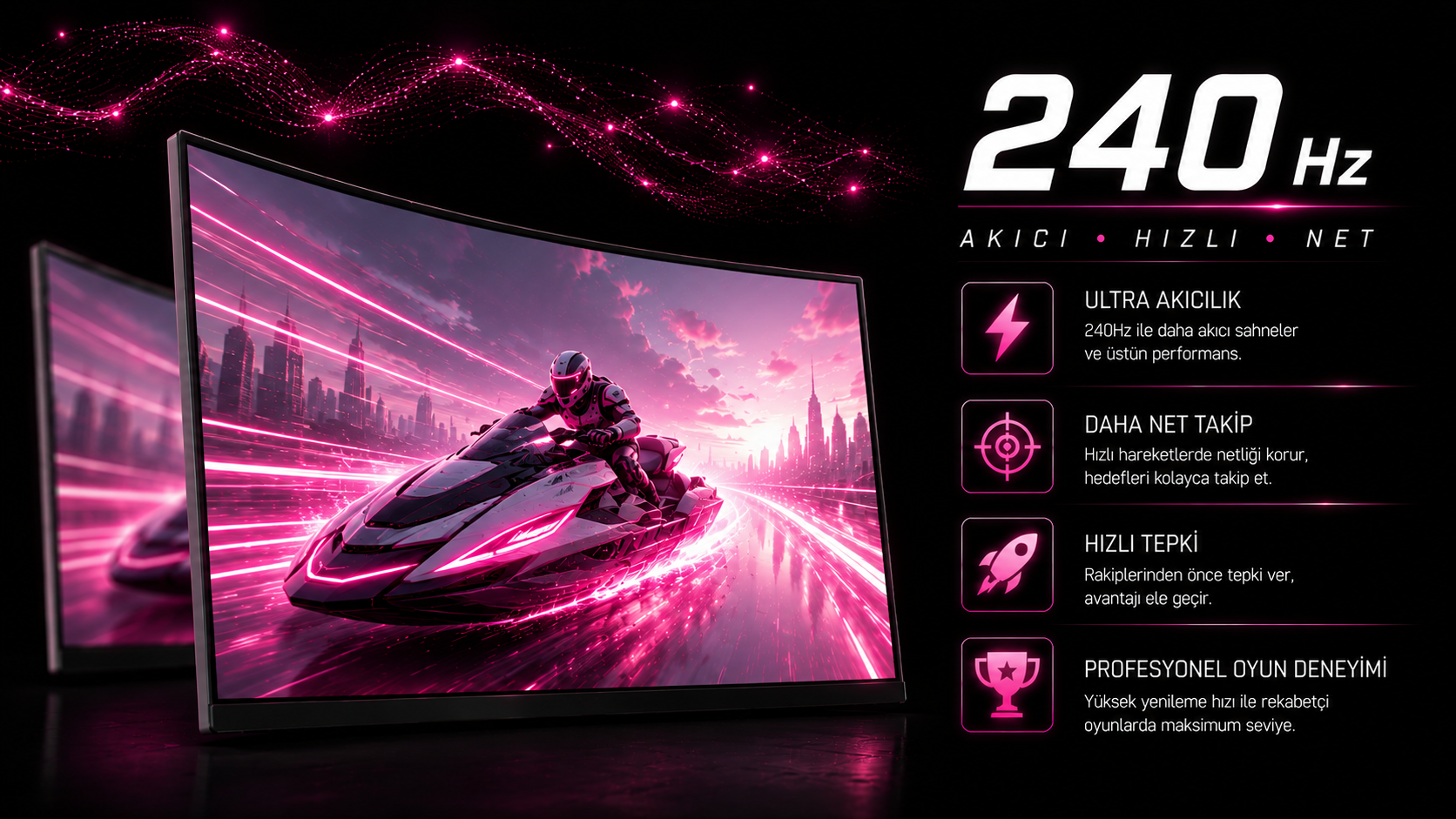 Bir motosikletli gece neon ışıklı bir şehirde hız yapıyor. 240 Hz.