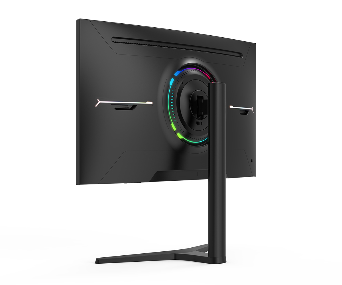 RGB aydınlatmalı halkalı siyah monitörün arka görünümü ve standı.