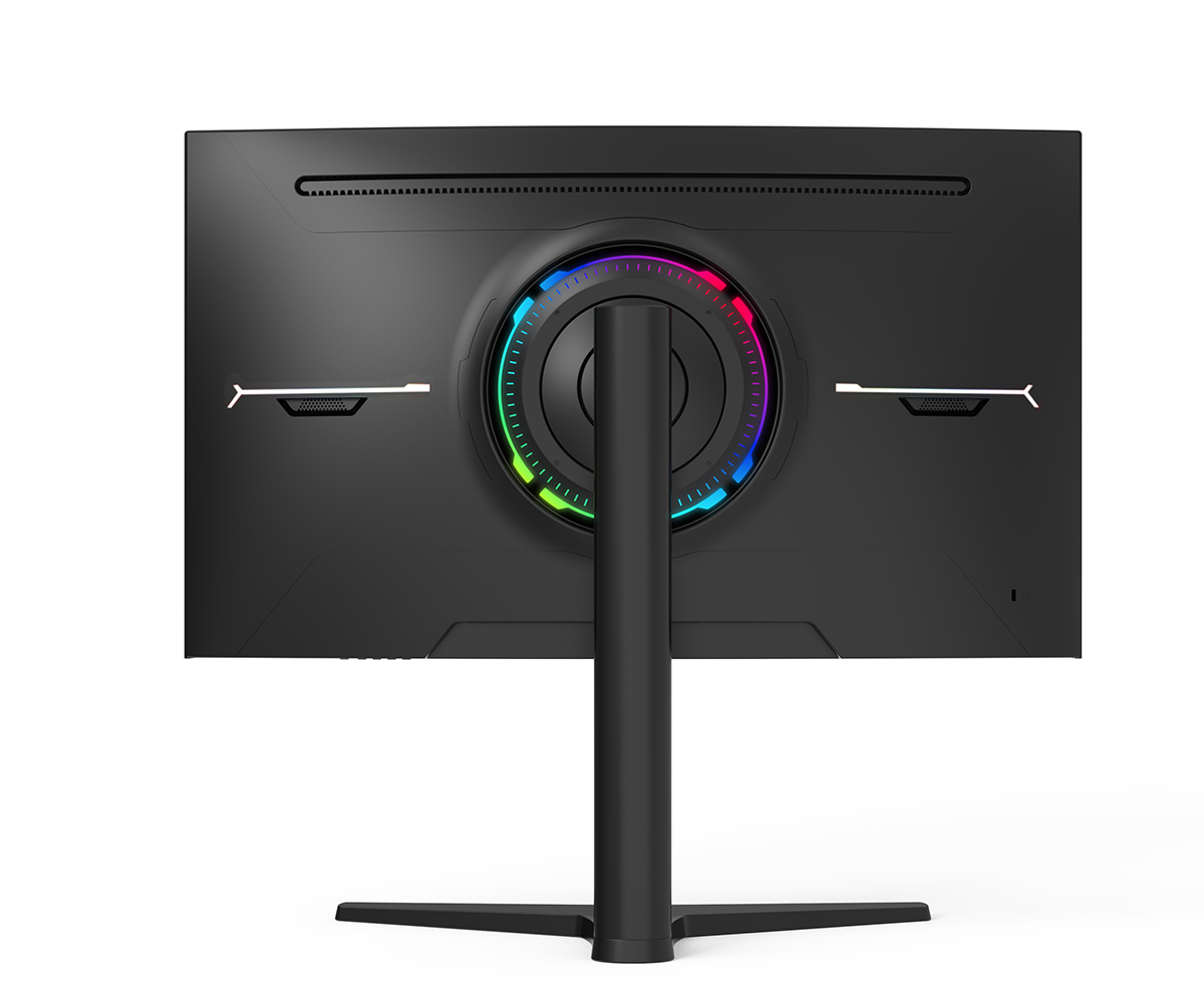 Monitörün arkası, stantta RGB aydınlatmalı siyah.