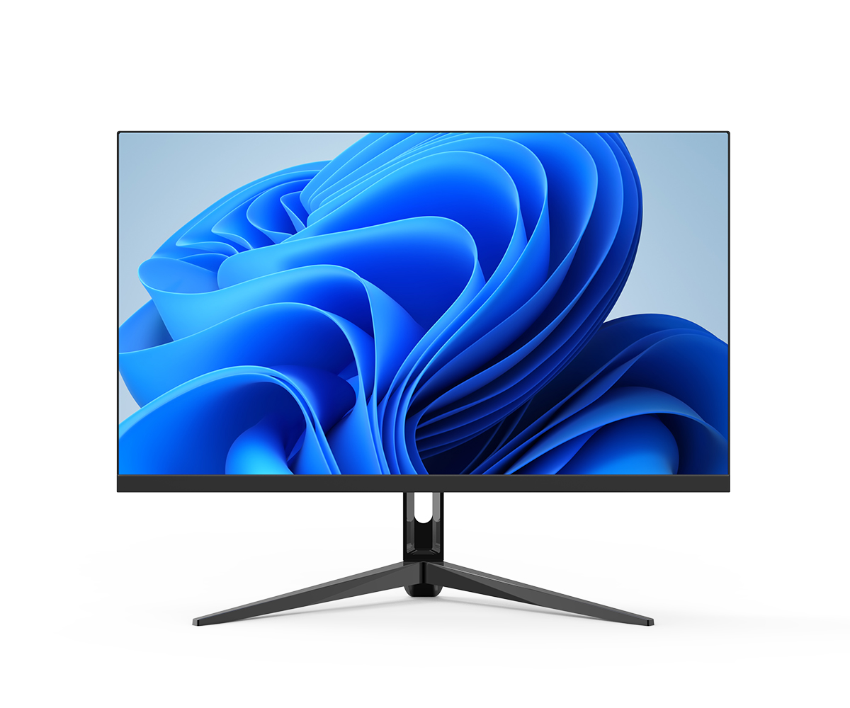 Ekranında mavi soyut duvar kağıdı olan modern bir bilgisayar monitörü.