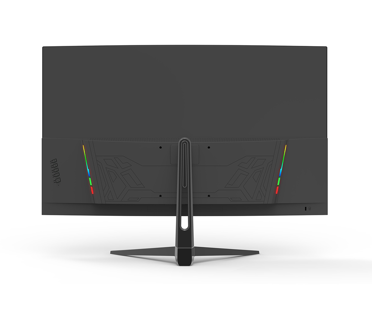 Arkadan görünüşlü, RGB aydınlatmalı siyah monitör ve standı.