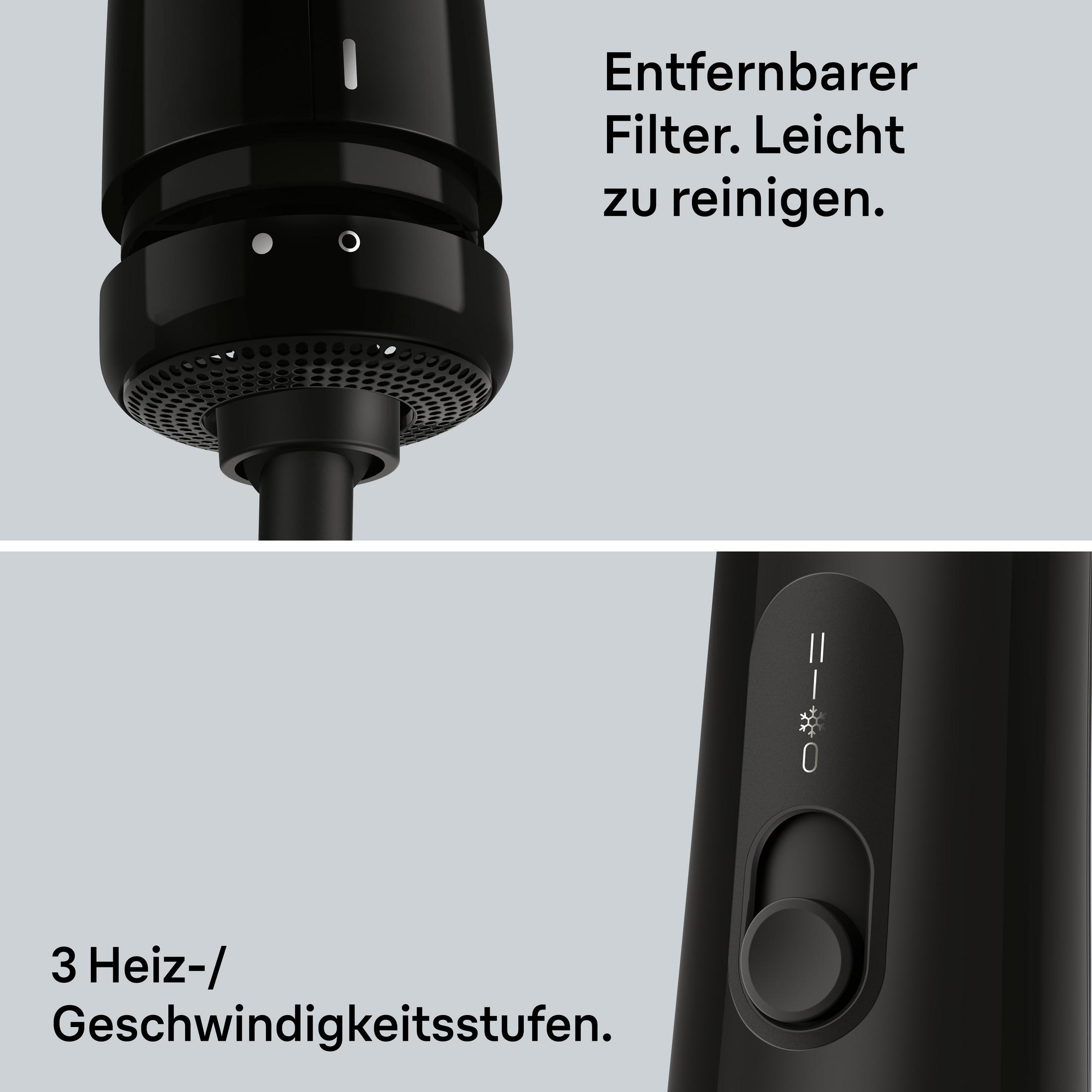 Nahaufnahme eines schwarzen Haartrockners mit abnehmbarem Filter und Bedienelementen.