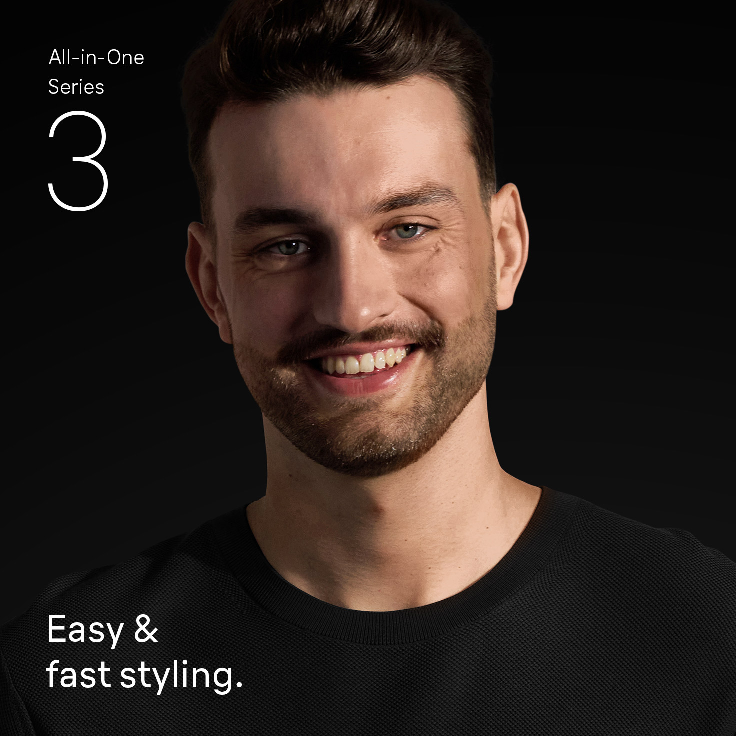 Ein Mann mit Bart lächelt in die Kamera. Links steht 'All-in-One Series 3'.
