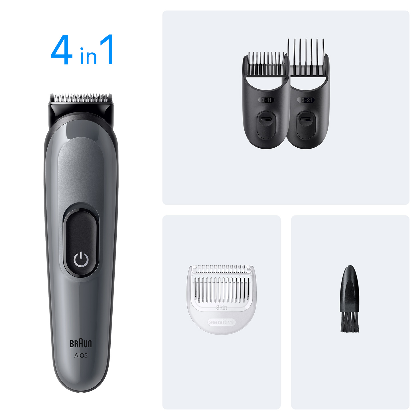 Ein grauer Trimmer mit Zubehör: Aufsätze, Scherkopf und Bürste.