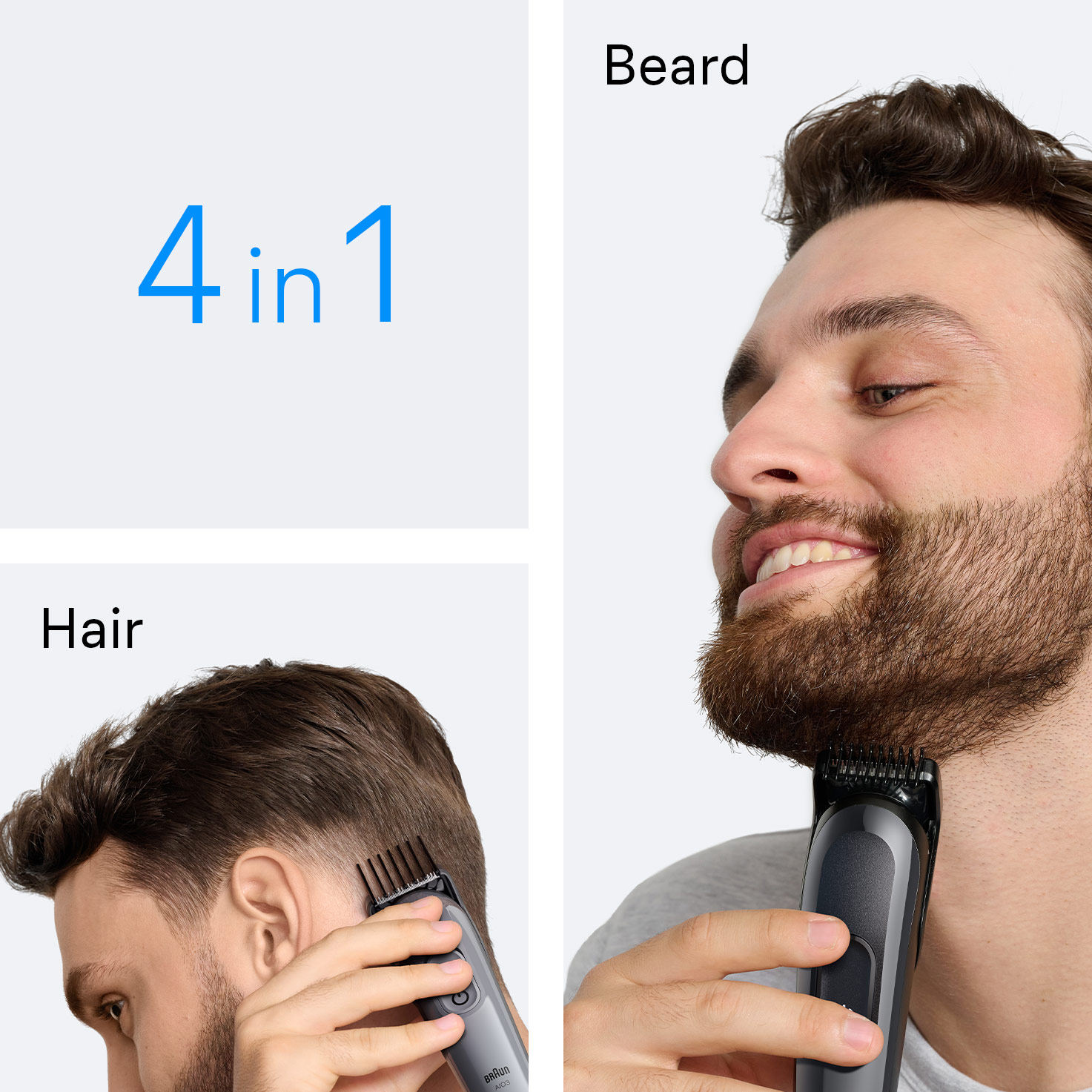 Mann trimmt Bart und Haare mit einem schwarzen Gerät. 4-in-1.