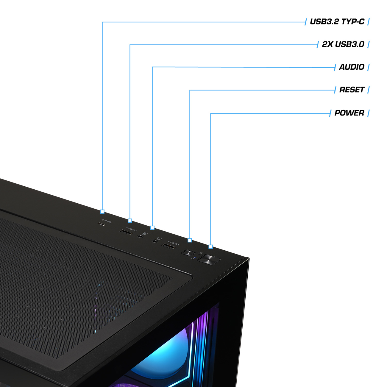 Schwarzes Computergehäuse mit Anschlüssen: USB 3.2 Typ-C, 2x USB 3.0, Audio, Reset, Power.