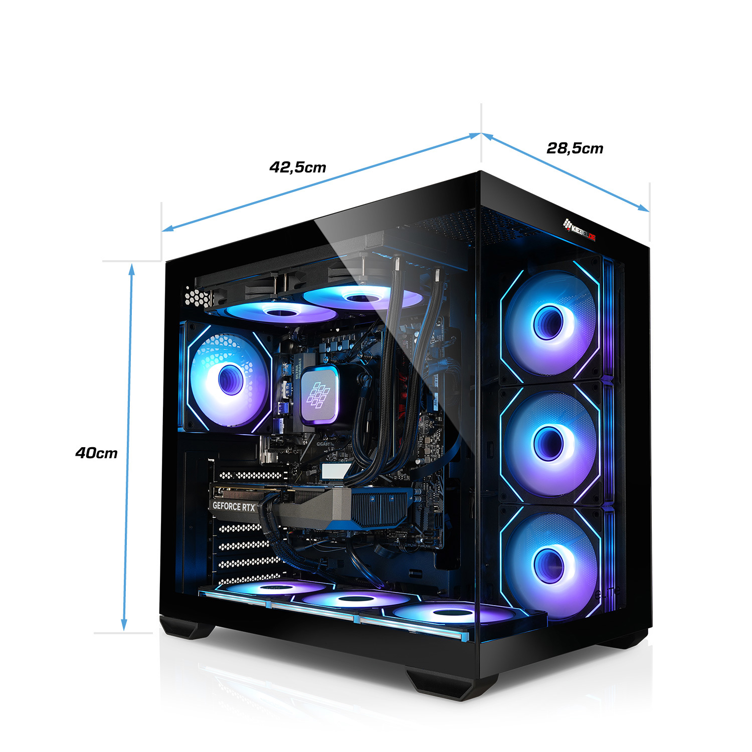 Un boîtier PC noir avec ventilateurs RGB, mesurant 42,5x28,5x40cm.