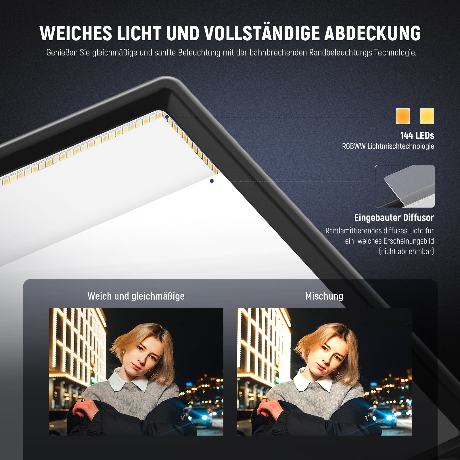 Ein Diffusor mit 144 RGBWW LEDs für weiche, gleichmäßige Ausleuchtung eines Motivs.