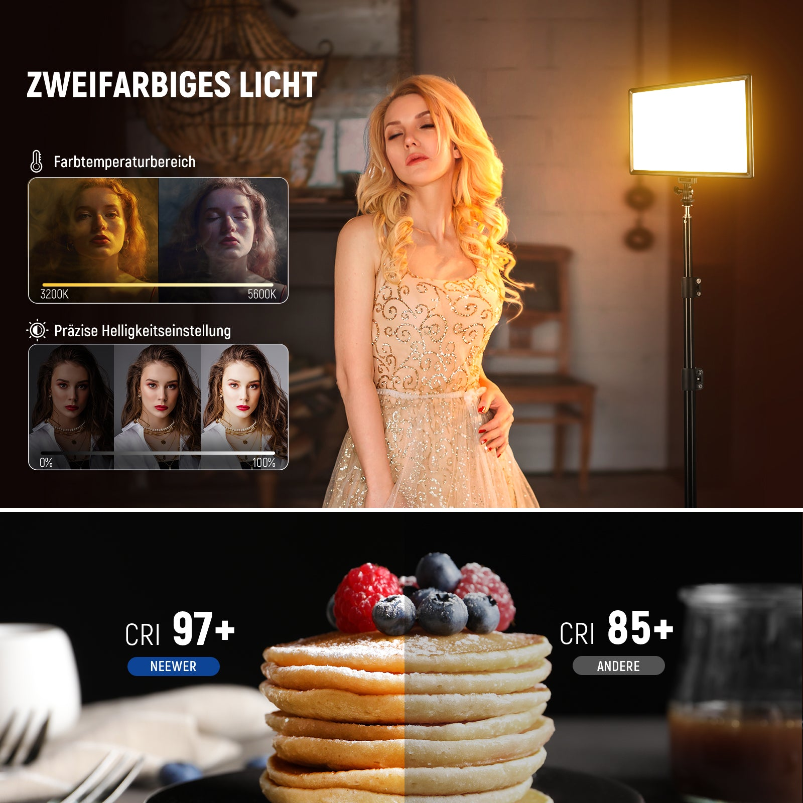 Werbung zeigt eine Frau, daneben ein Licht und Pfannkuchen mit Beeren.