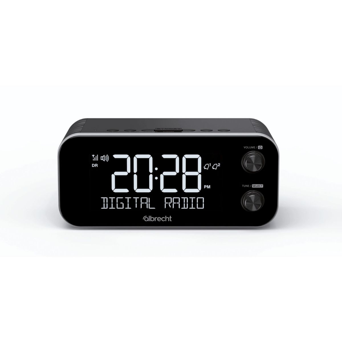 Ein schwarzer Digitalradio-Wecker zeigt 20:28 Uhr, DR und Lautstärke-Icons.
