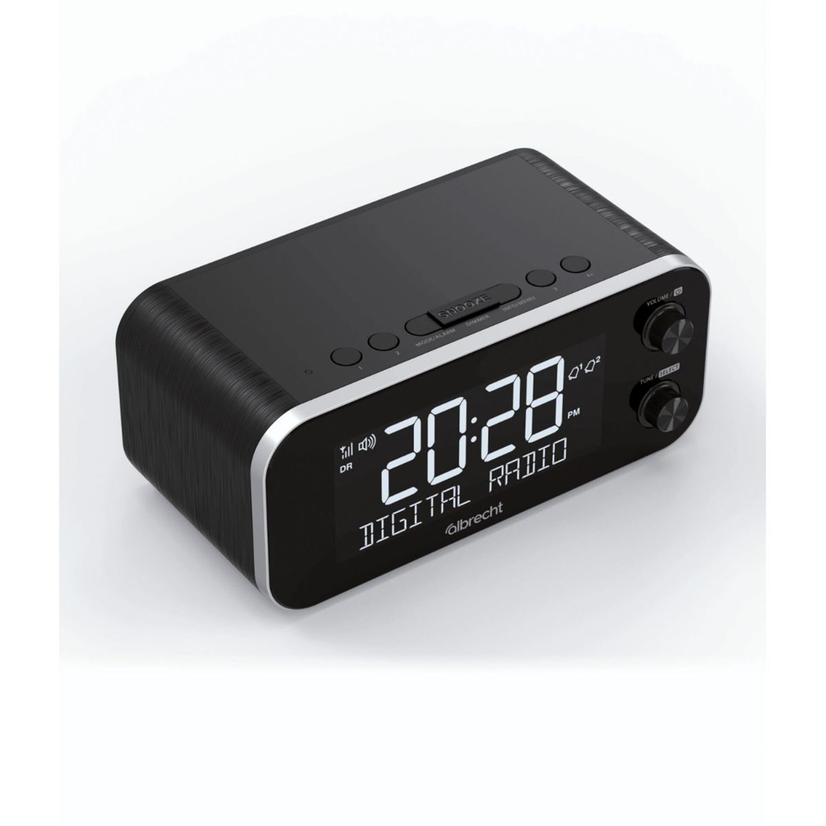 Schwarzer Digitalradio-Wecker mit silbernem Rand und großem Display.