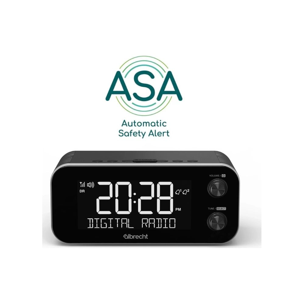 Ein digitaler Radiowecker mit ASA-Logo zeigt 20:28 an.