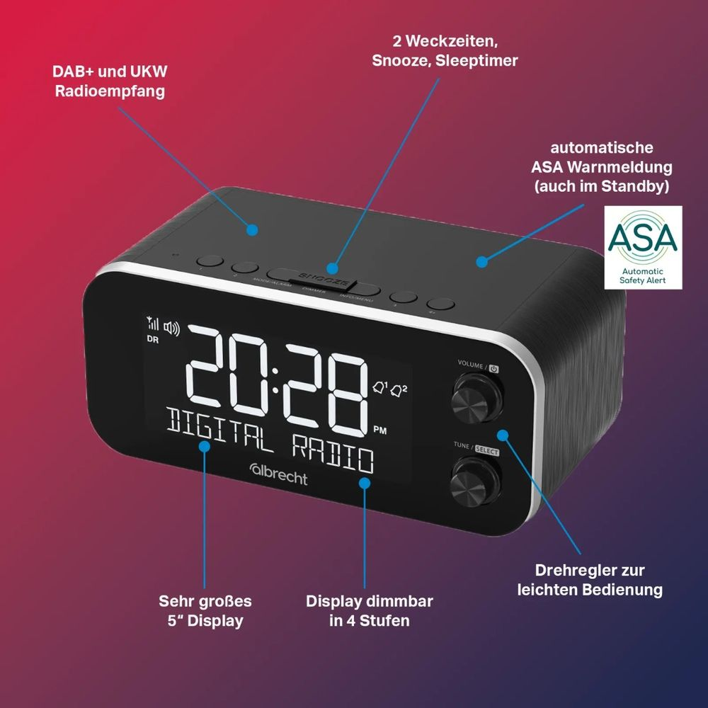 Ein schwarzer Digitalradiowecker mit großem Display und Beschriftungen.
