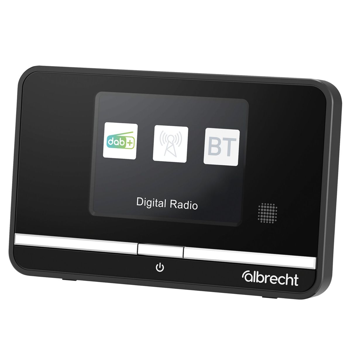 Schwarzes Digitalradio mit DAB+, WLAN- und BT-Symbolen und Albrecht-Logo.