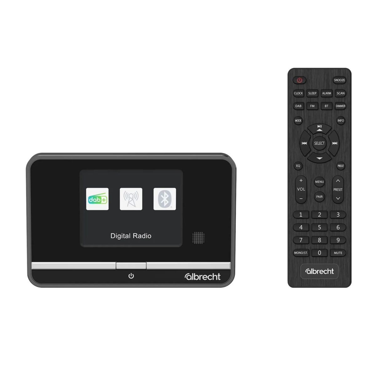 Digitalradio mit Fernbedienung. Zeigt DAB+, WLAN und Bluetooth Symbole.
