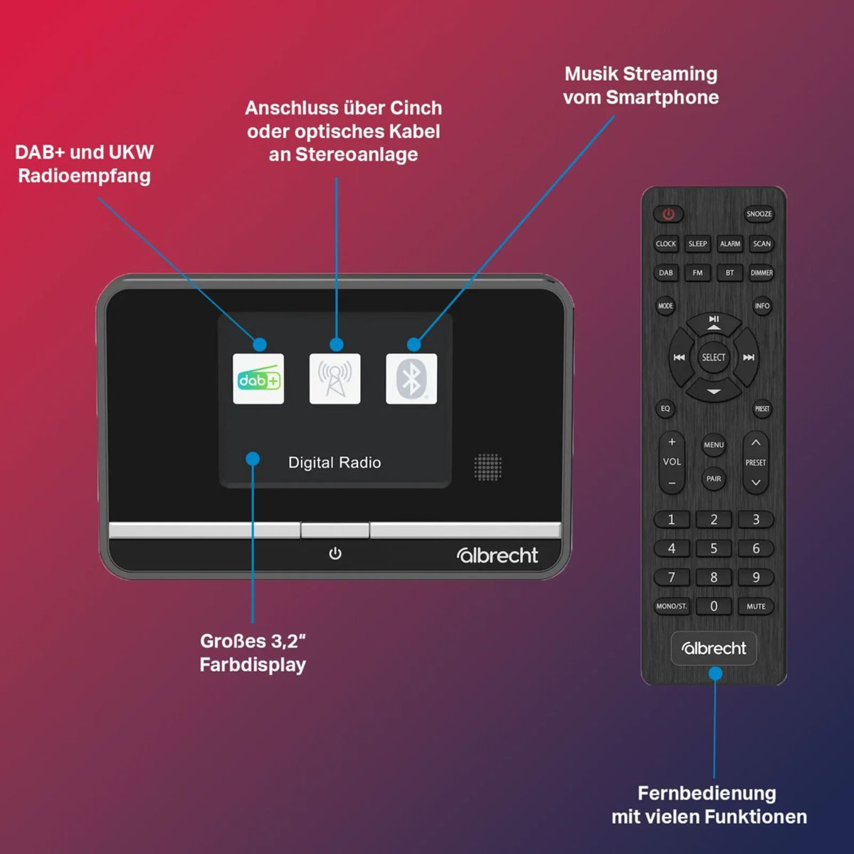 Digitalradio mit Fernbedienung, 3,2" Display, DAB+/UKW, Bluetooth, Smartphone-Streaming.