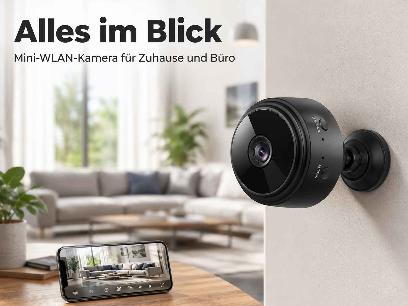Eine kleine schwarze Kamera und ein Smartphone, das ein Wohnzimmer zeigt.