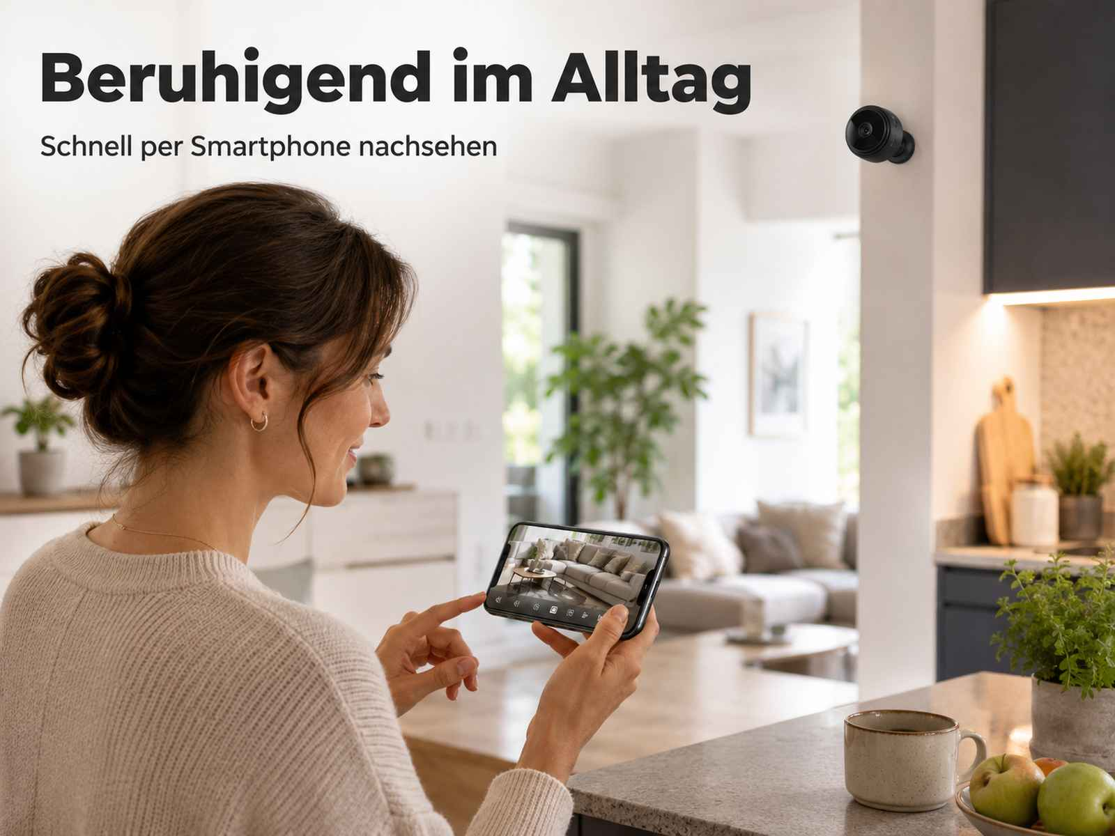 Eine Frau hält ein Smartphone mit einer Wohnungsansicht. Eine Kamera ist an der Wand montiert.