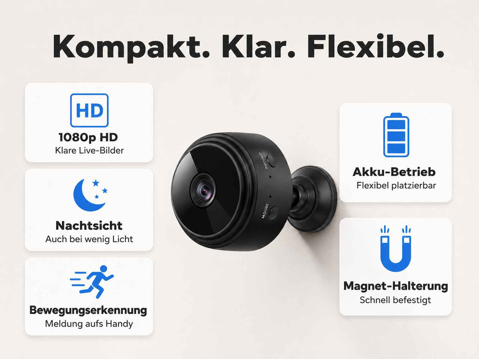 Kompakte schwarze HD-Kamera mit Funktionen wie Nachtsicht, Akku und Magnetbefestigung.