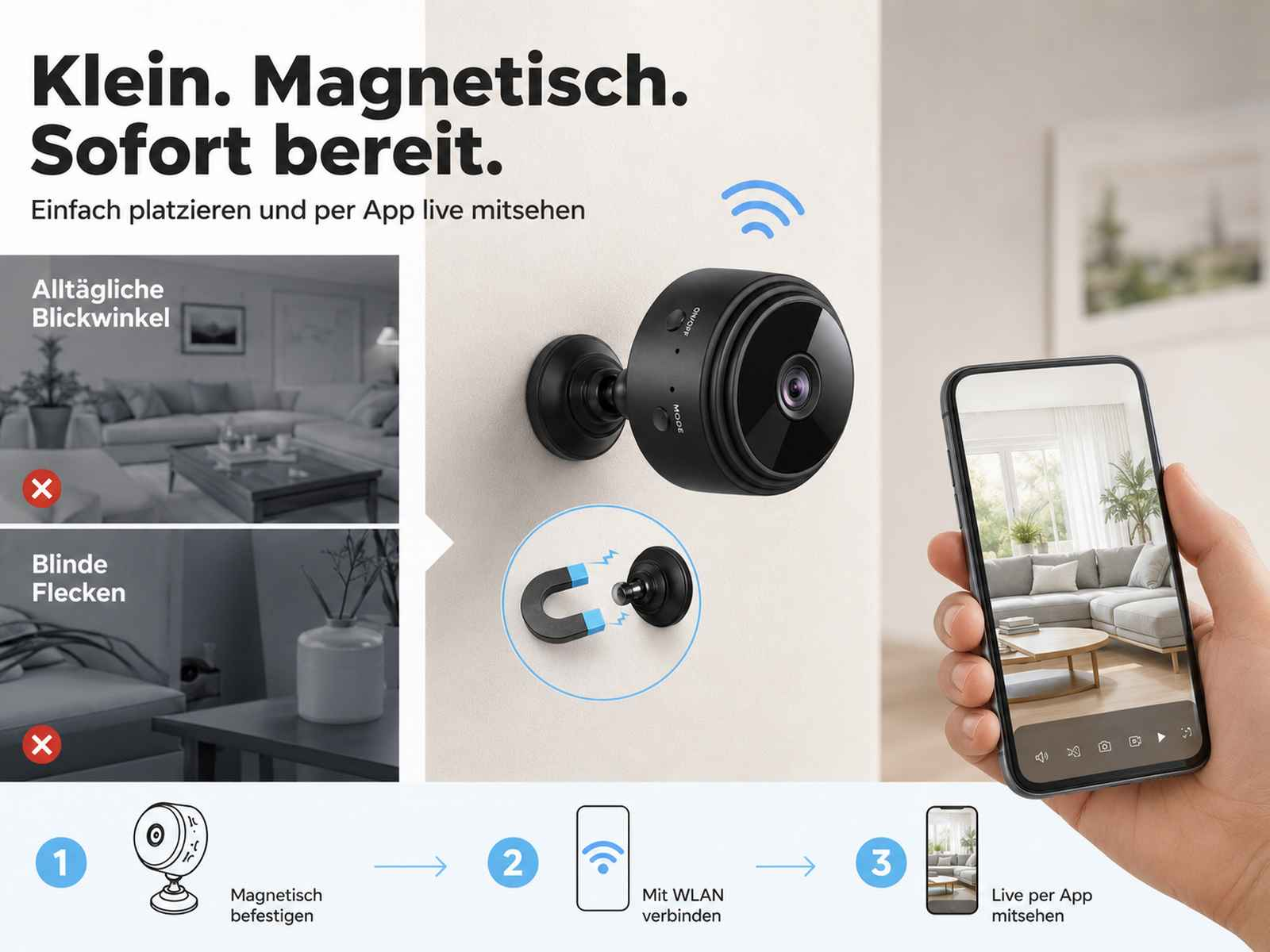 Kleine Kamera magnetisch an Wand befestigt, mit Handy-App verbunden.
