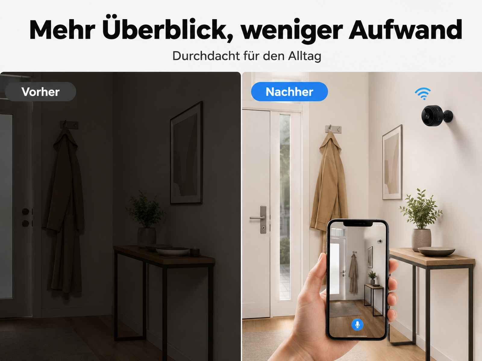 Vergleich von dunkler und heller Ansicht eines Flurs mit Handy-Übertragung.