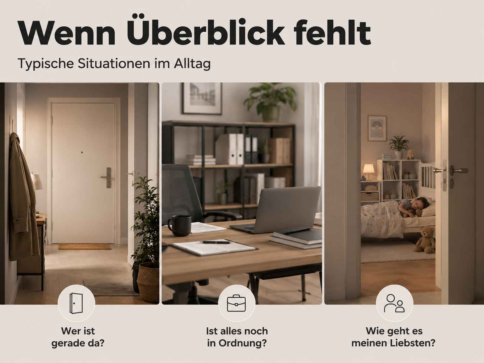 Drei Szenen: Eingang, Schreibtisch mit Laptop, Kind schläft im Bett.