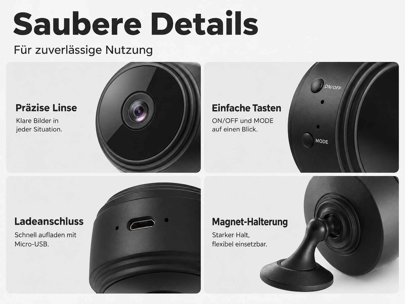 Vier Ansichten eines kleinen schwarzen Geräts: Linse, Tasten, Ladeanschluss und Magnet.