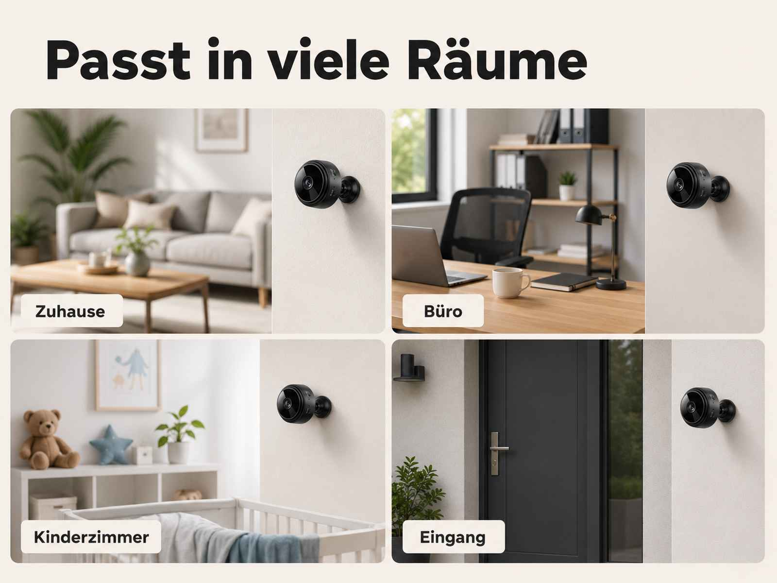 Kleine schwarze Kamera montiert in Wohnzimmer, Büro, Kinderzimmer und Eingangsbereich.