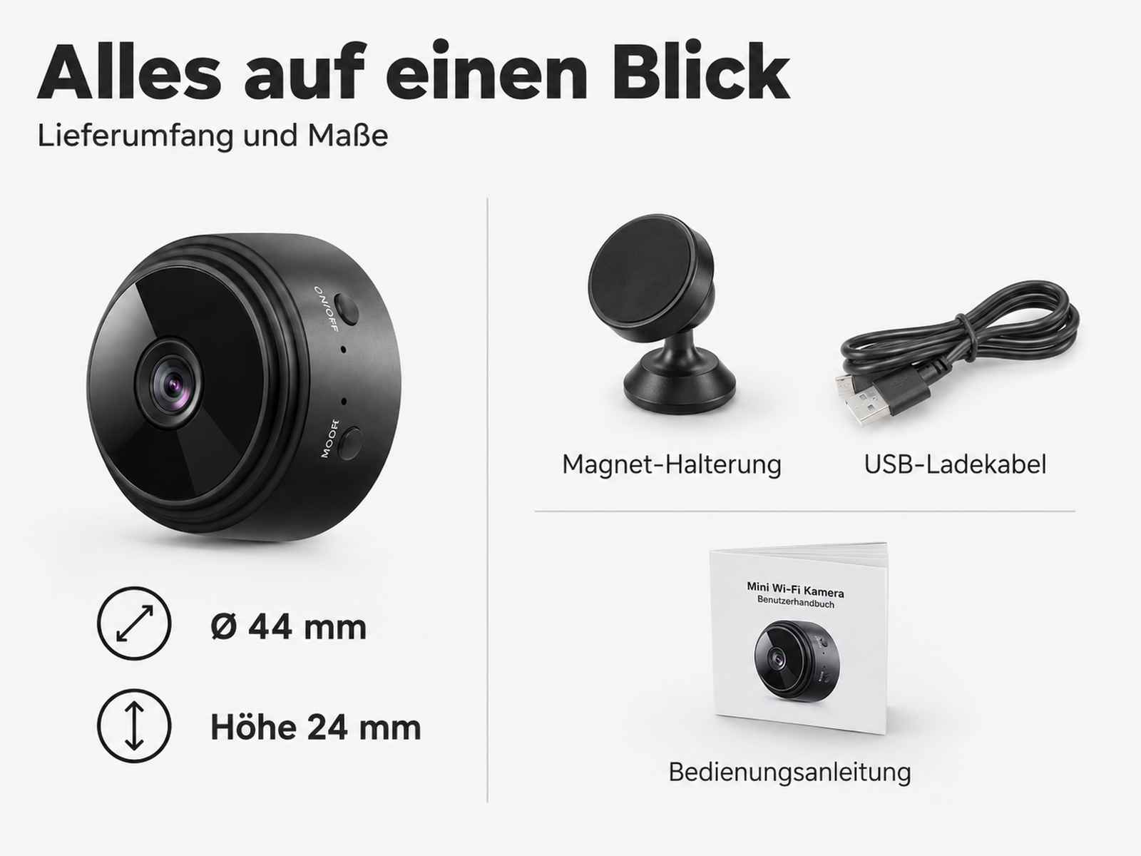 Mini-Kamera mit Zubehör: Magnet-Halterung, USB-Kabel, Anleitung. Maße: Ø 44mm, Höhe 24mm.