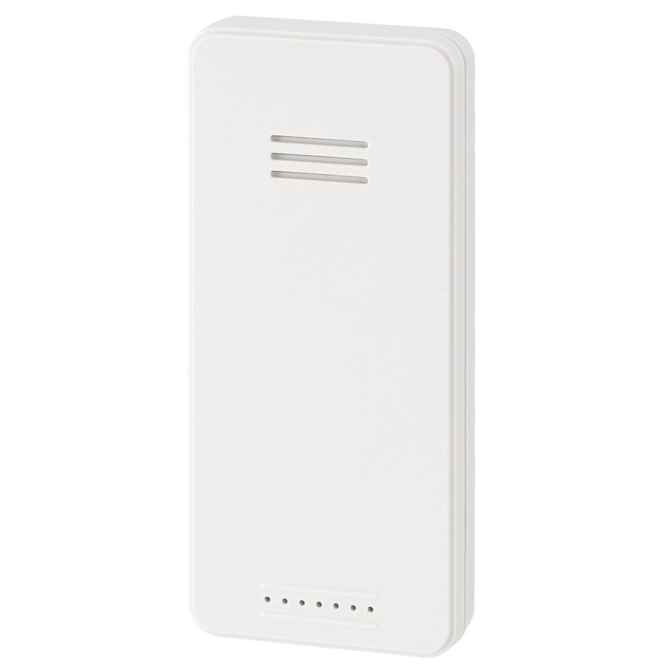 Un dispositivo rettangolare bianco con angoli arrotondati e fessure di ventilazione.