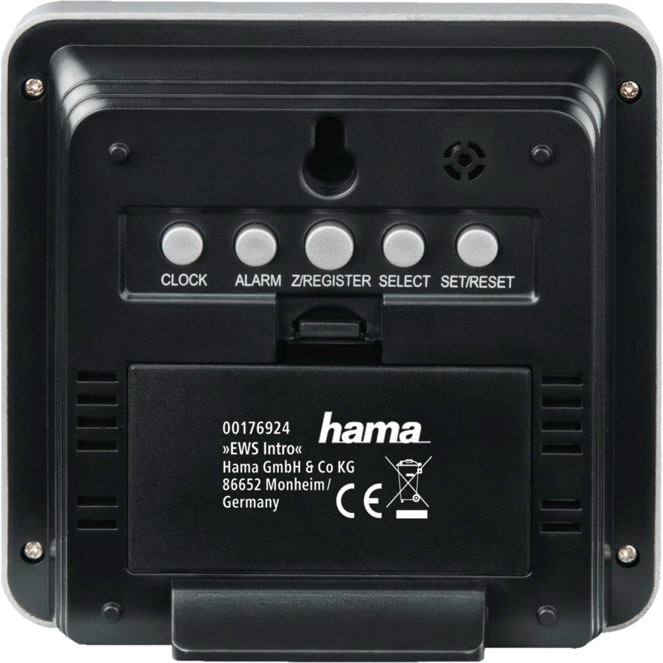 Il retro di una radiosveglia Hama nera con pulsanti ed etichette.