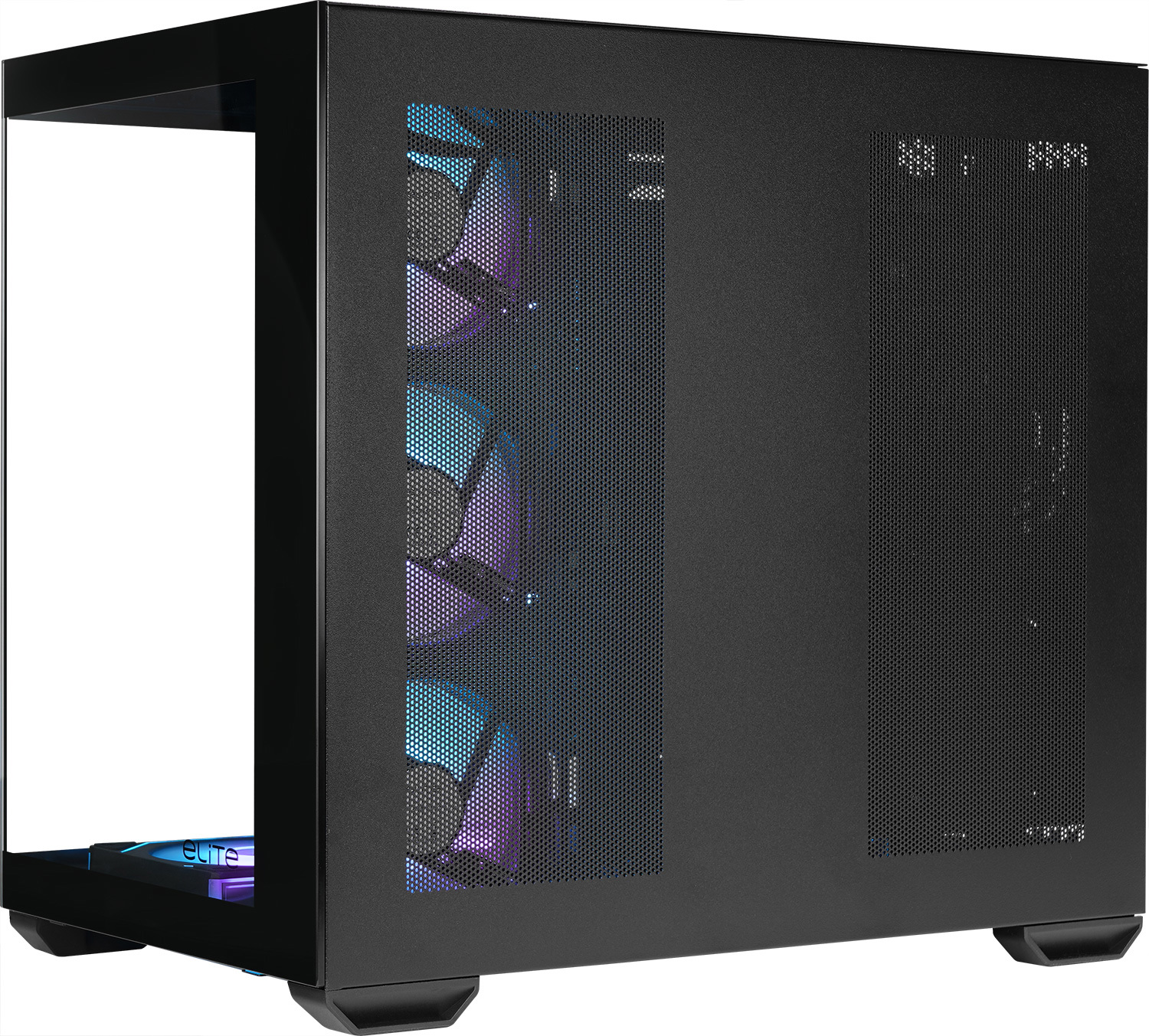 Schwarzes Computergehäuse mit Netzpanel und beleuchteten Lüftern.