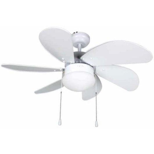 Un ventilador de techo blanco con cinco aspas y una luz central.