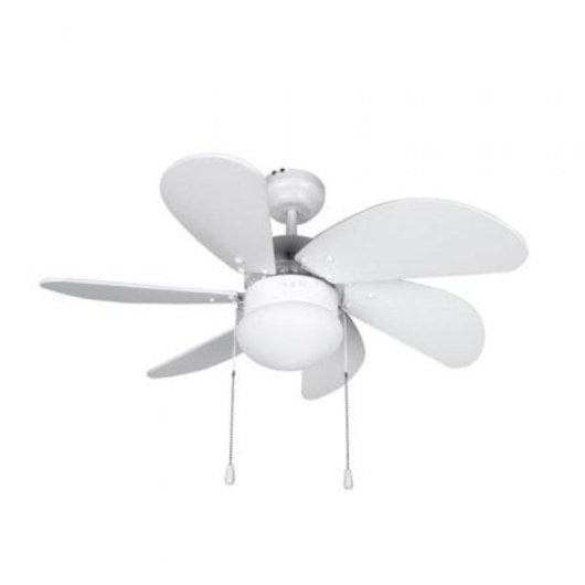 Un ventilador de techo blanco con cinco aspas y una lámpara.
