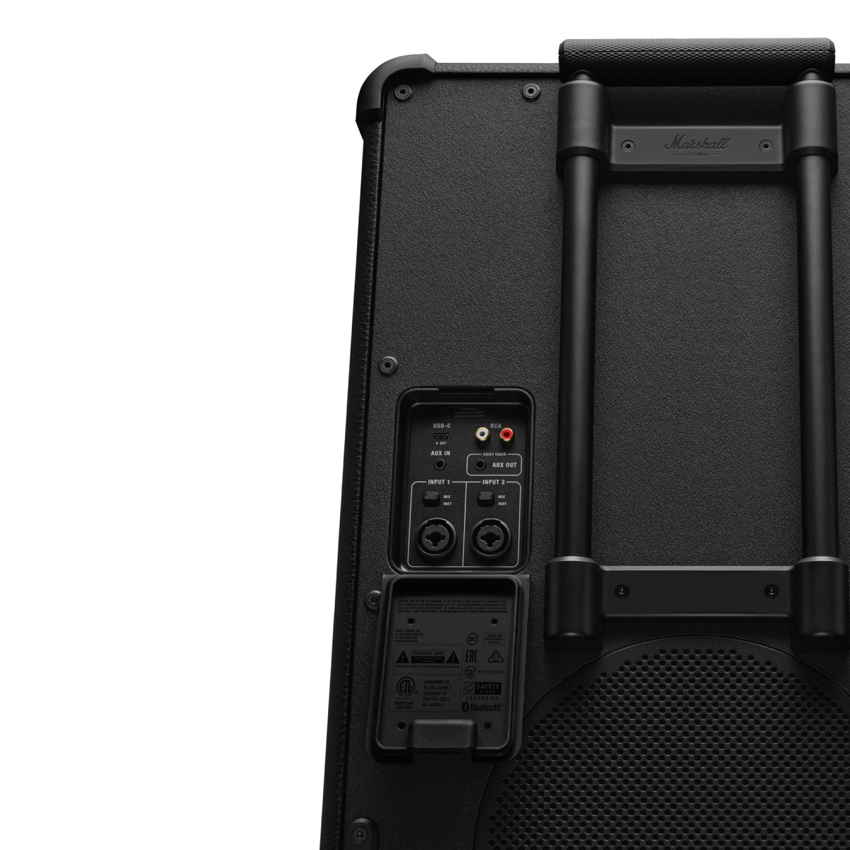 Schwarzes Marshall Lautsprecher-Rückpanel mit Anschlüssen: USB-C, Aux In/Out, RCA, Input 1 & 2.