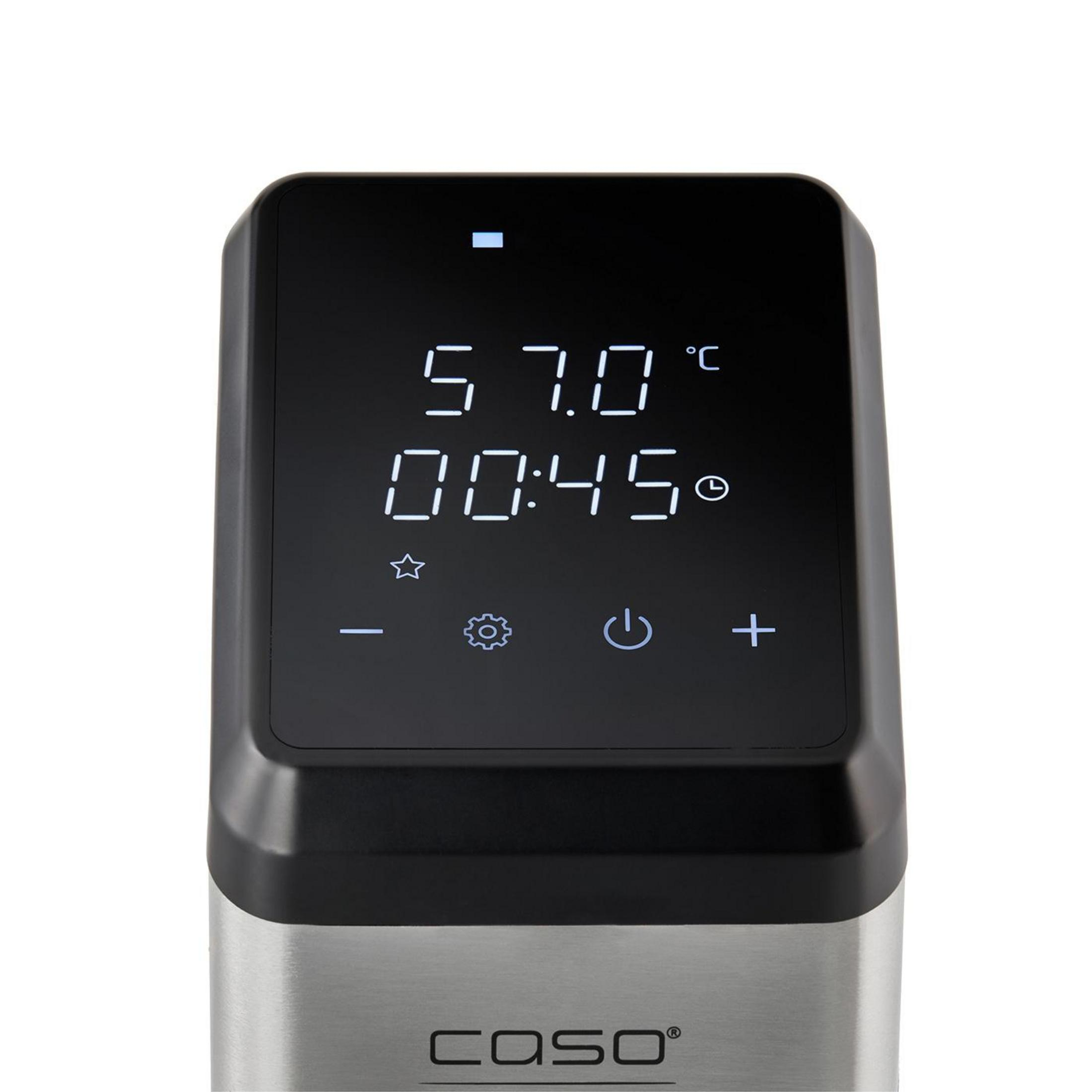 Un cuocitore sous vide che mostra temperatura e tempo su sfondo bianco.