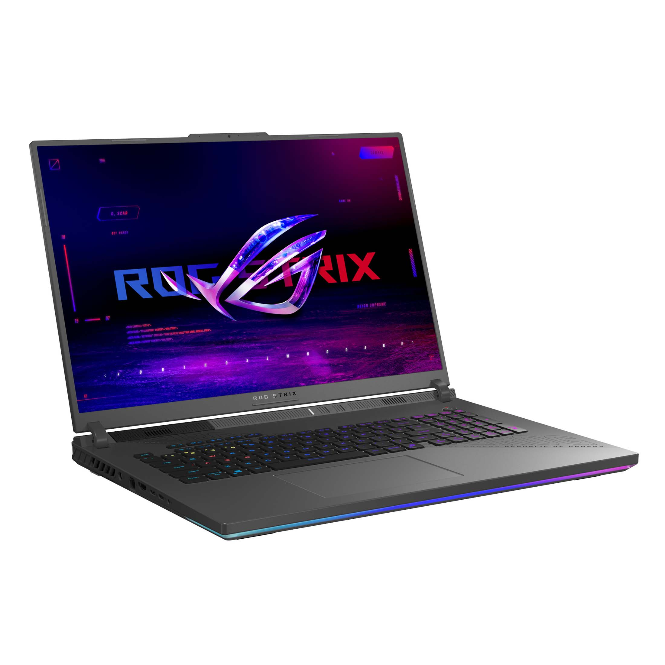 Ein offener Gaming-Laptop mit beleuchteter Tastatur und ROG-Logo auf dem Bildschirm.