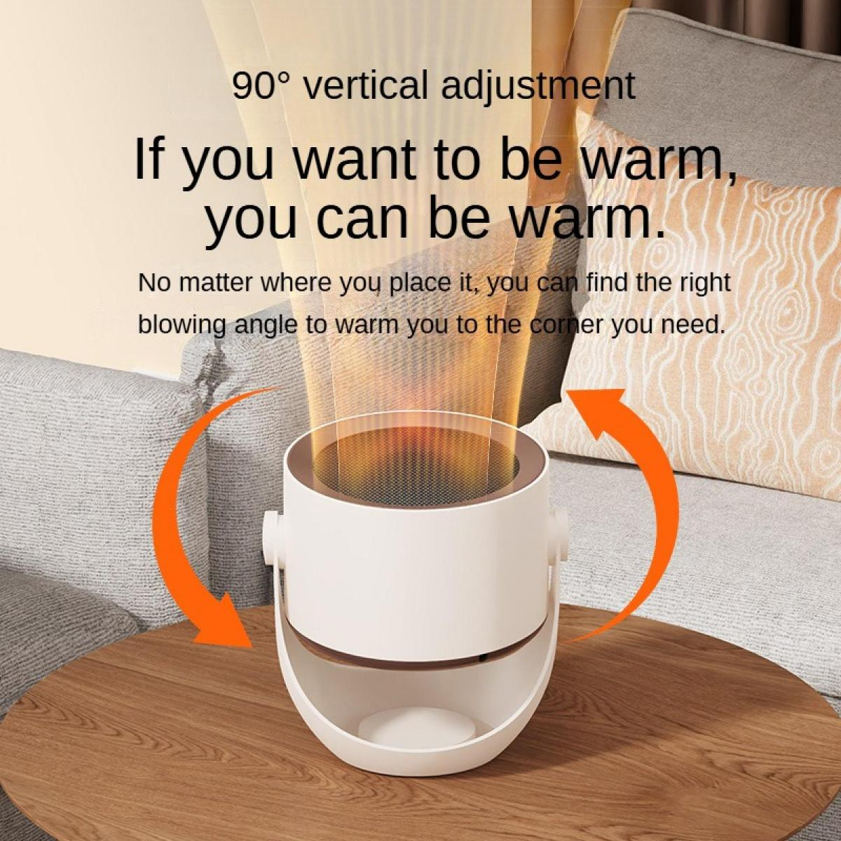 Ein weißer Heizlüfter mit 90° vertikaler Verstellung auf einem Holztisch.