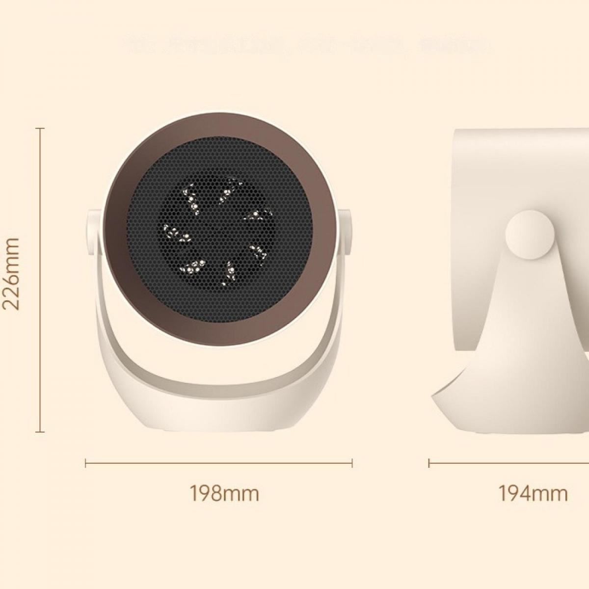 Ein tragbarer Heizlüfter in Beige und Braun mit Maßen.