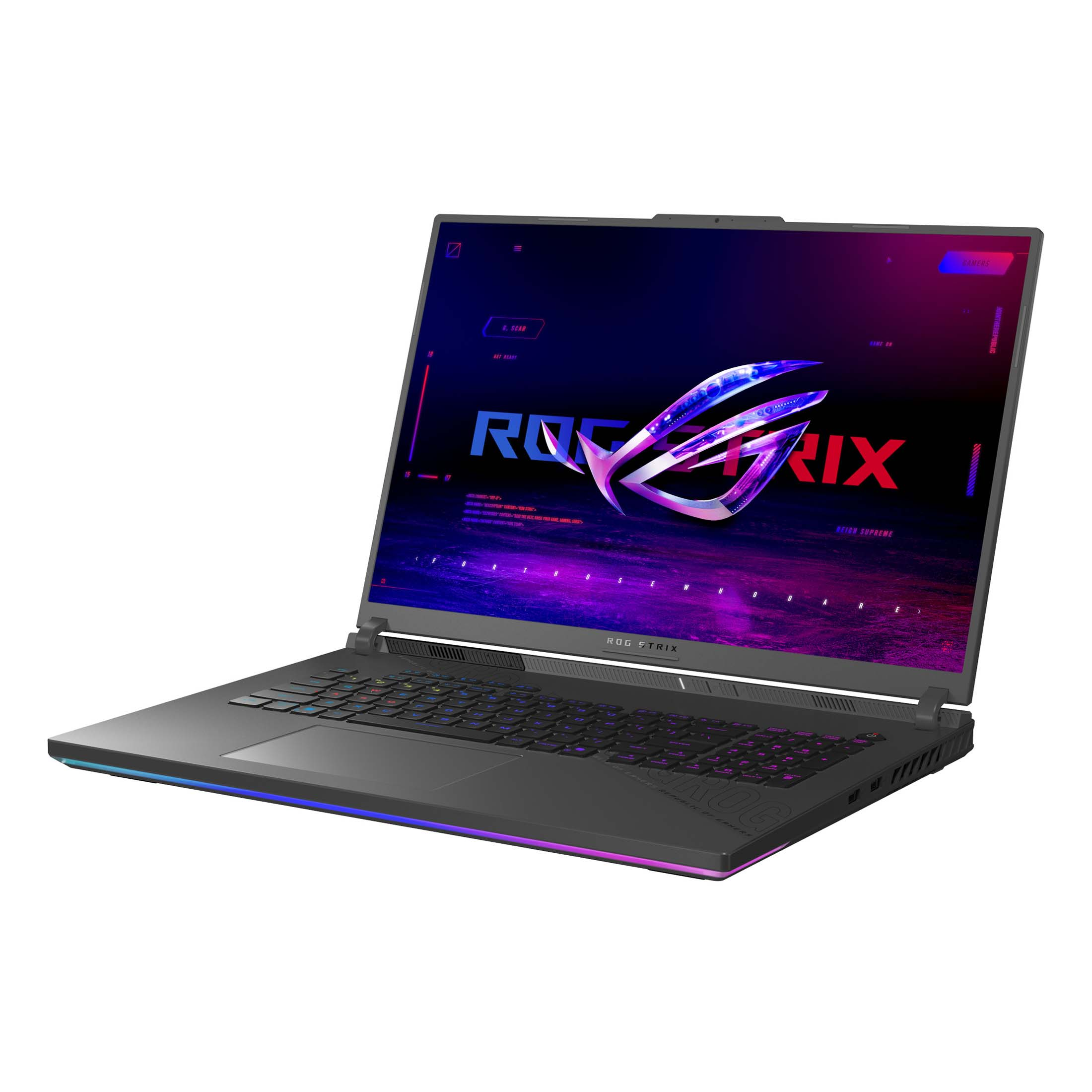 Ein dunkelgraues Laptop mit leuchtendem ROG-Logo auf dem Bildschirm und RGB-Beleuchtung.