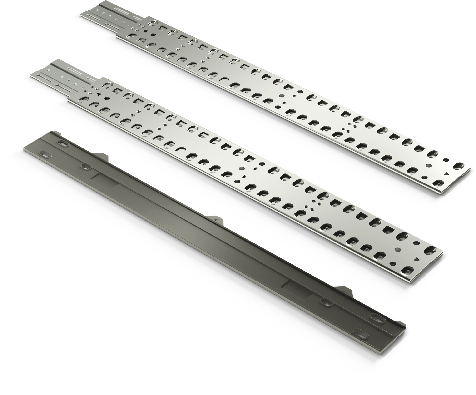 Drei Schubladenschienen auf weißem Hintergrund, zwei aus Metall, eine dunkelgrau.