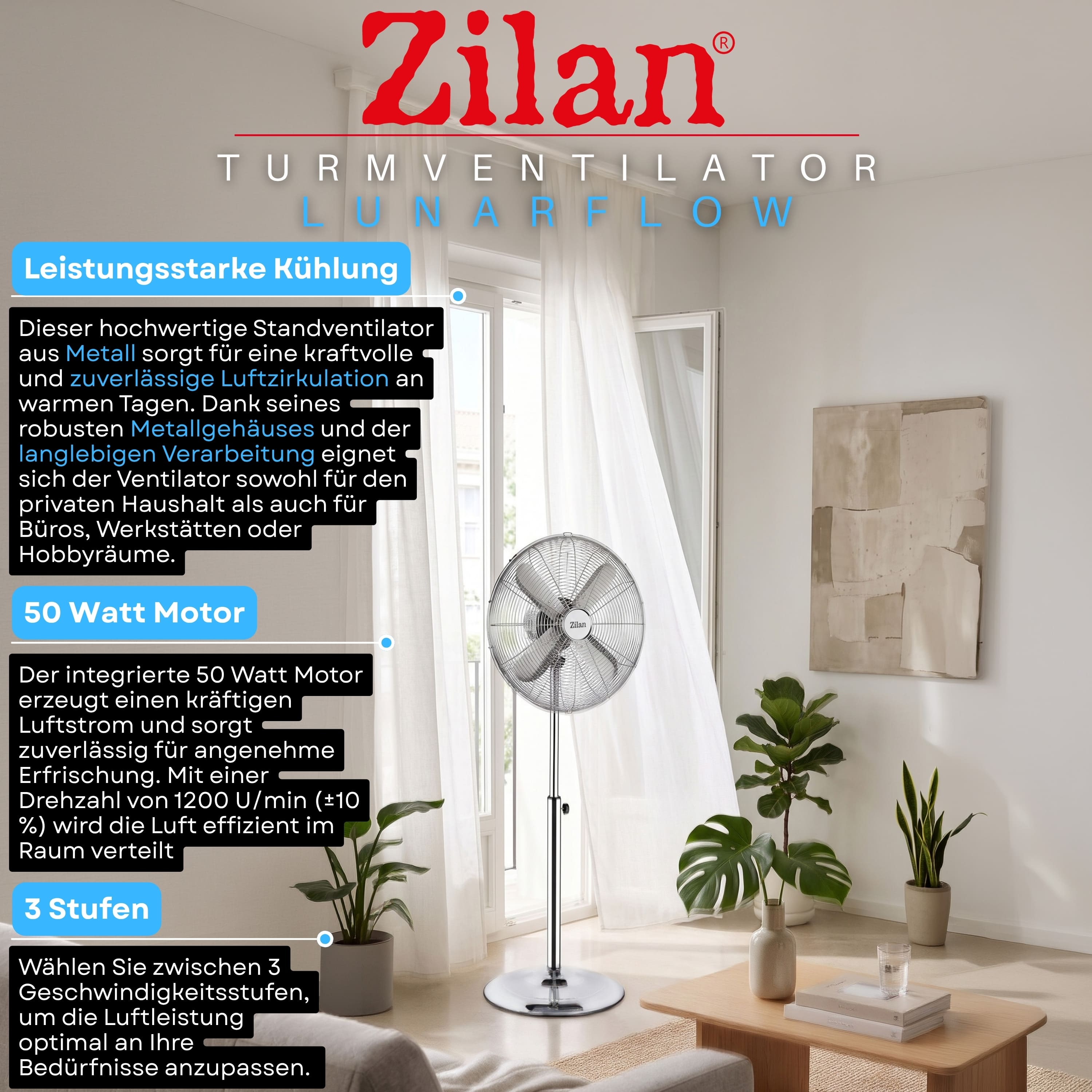 Ein silberner Standventilator von Zilan steht in einem hellen Raum mit Vorhängen.