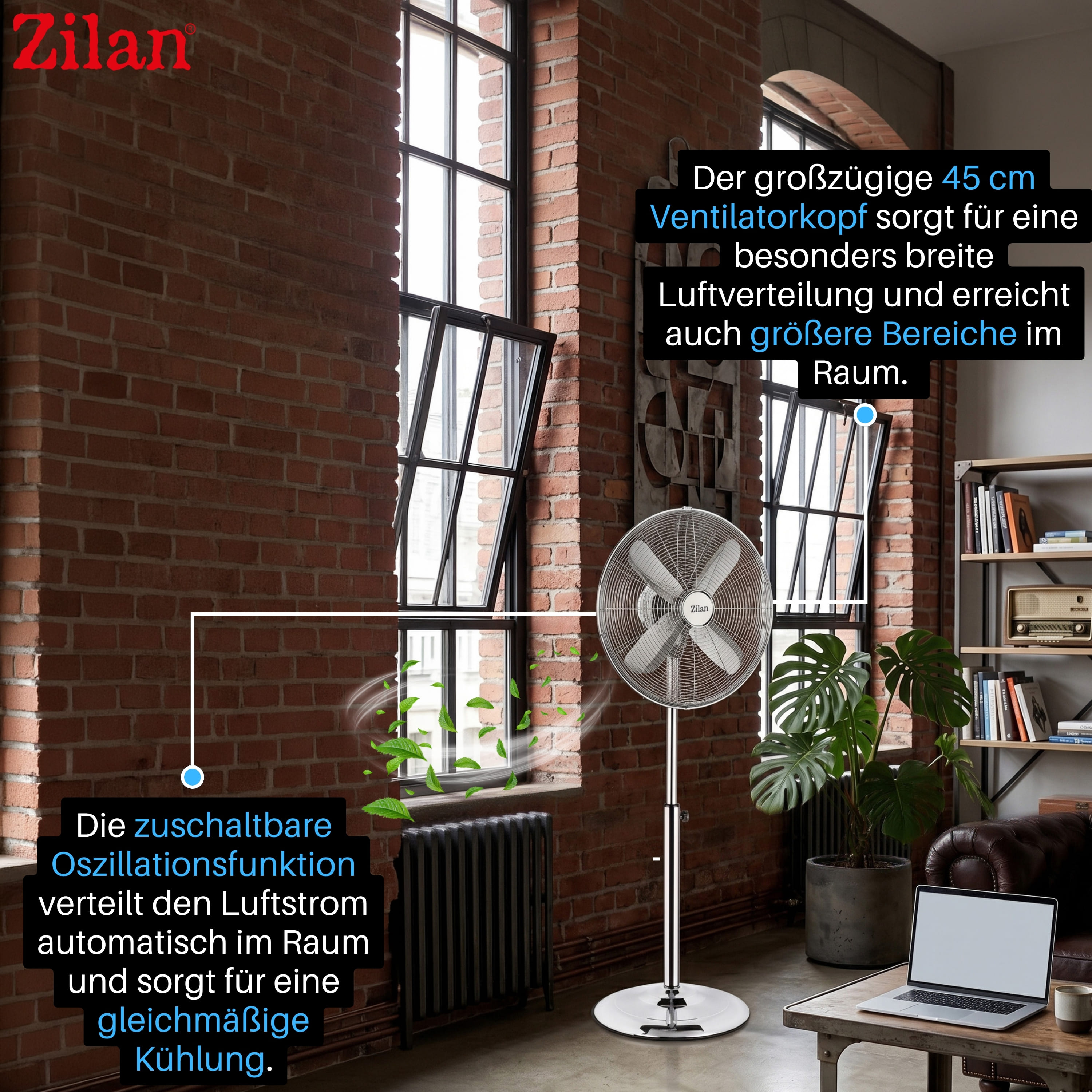 Ein Standventilator mit 45cm Kopf und Oszillationsfunktion in einem Raum.