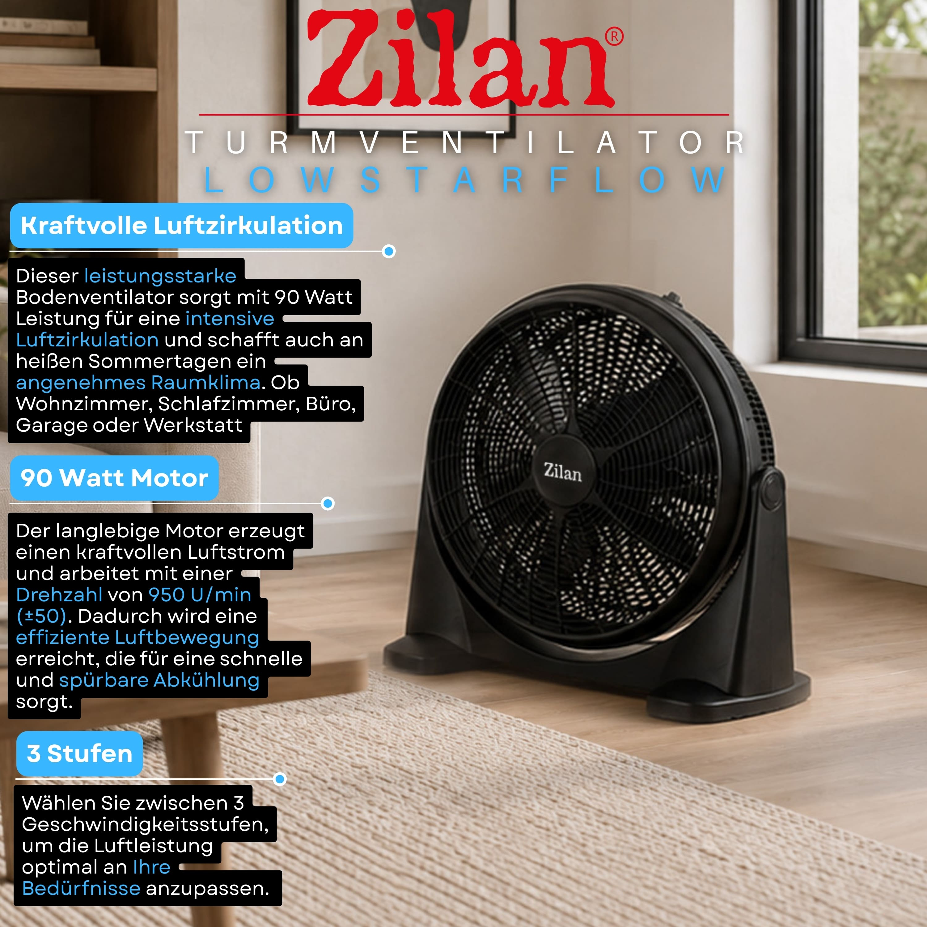 Schwarzer Zilan Turmventilator mit 90 Watt Leistung, 3 Stufen und Text zu Luftzirkulation.
