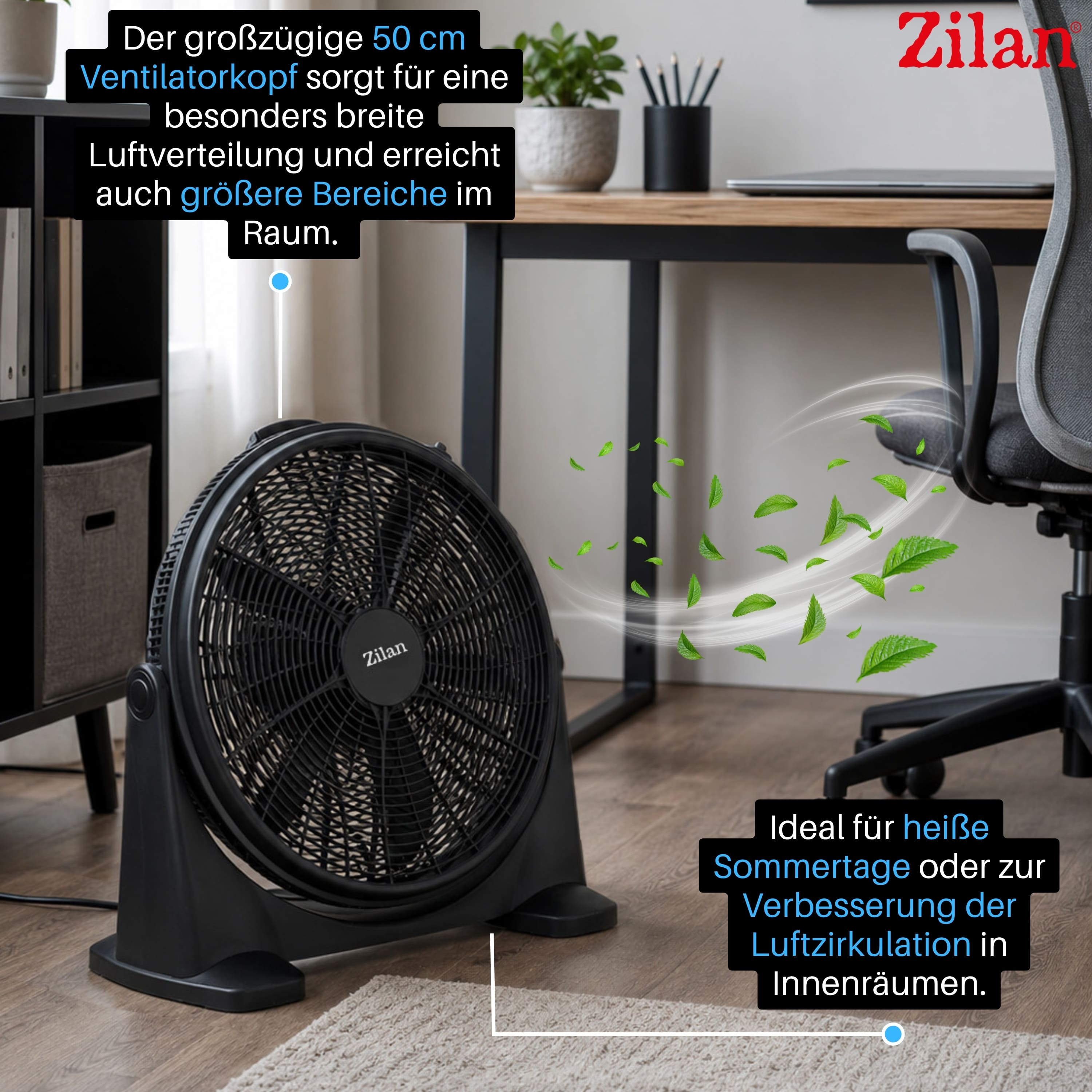 Ein schwarzer Ventilator steht auf einem Teppich, mit Blättern in der Luft.