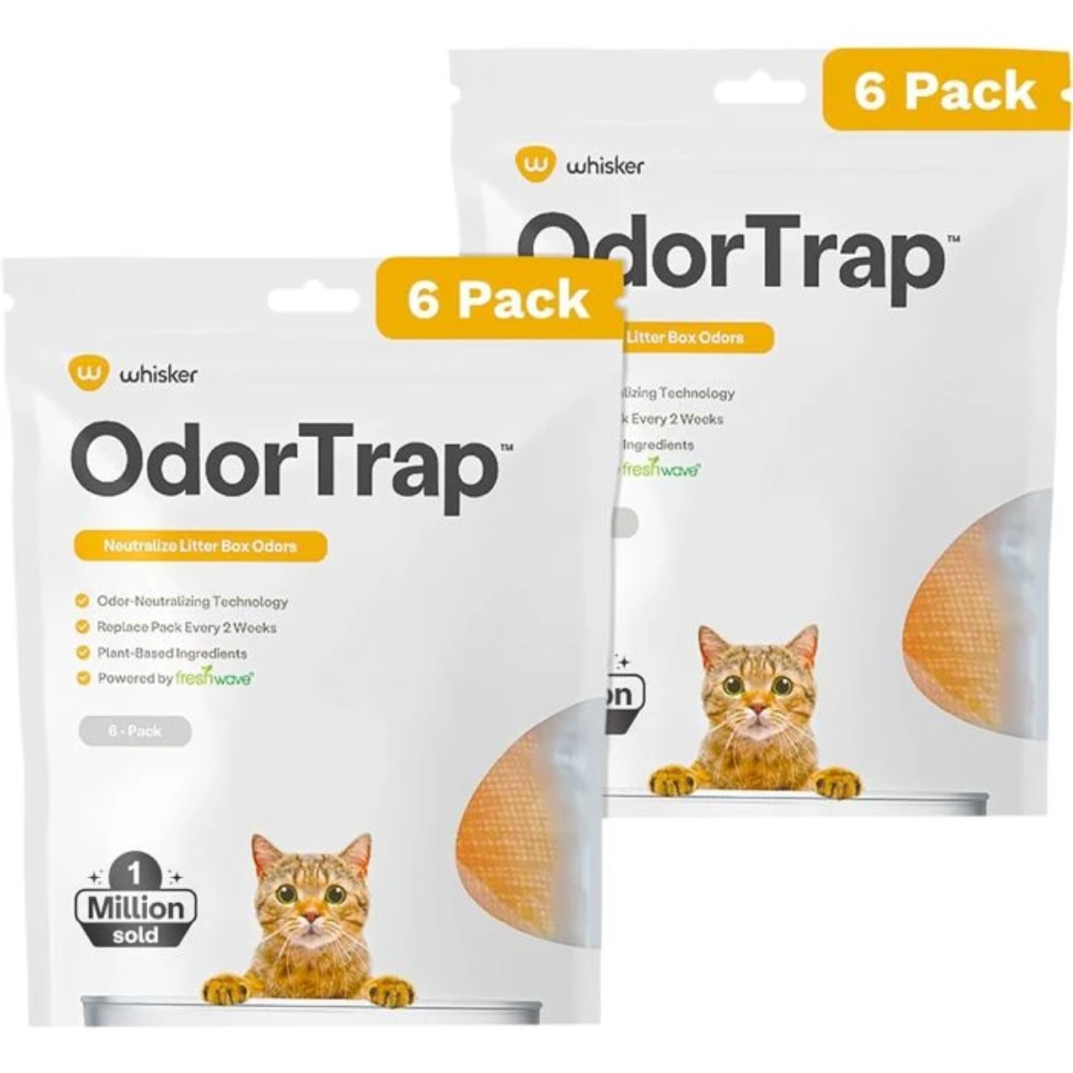 Dos bolsas OdorTrap de Whisker, paquete de 6, con ilustración de gato.
