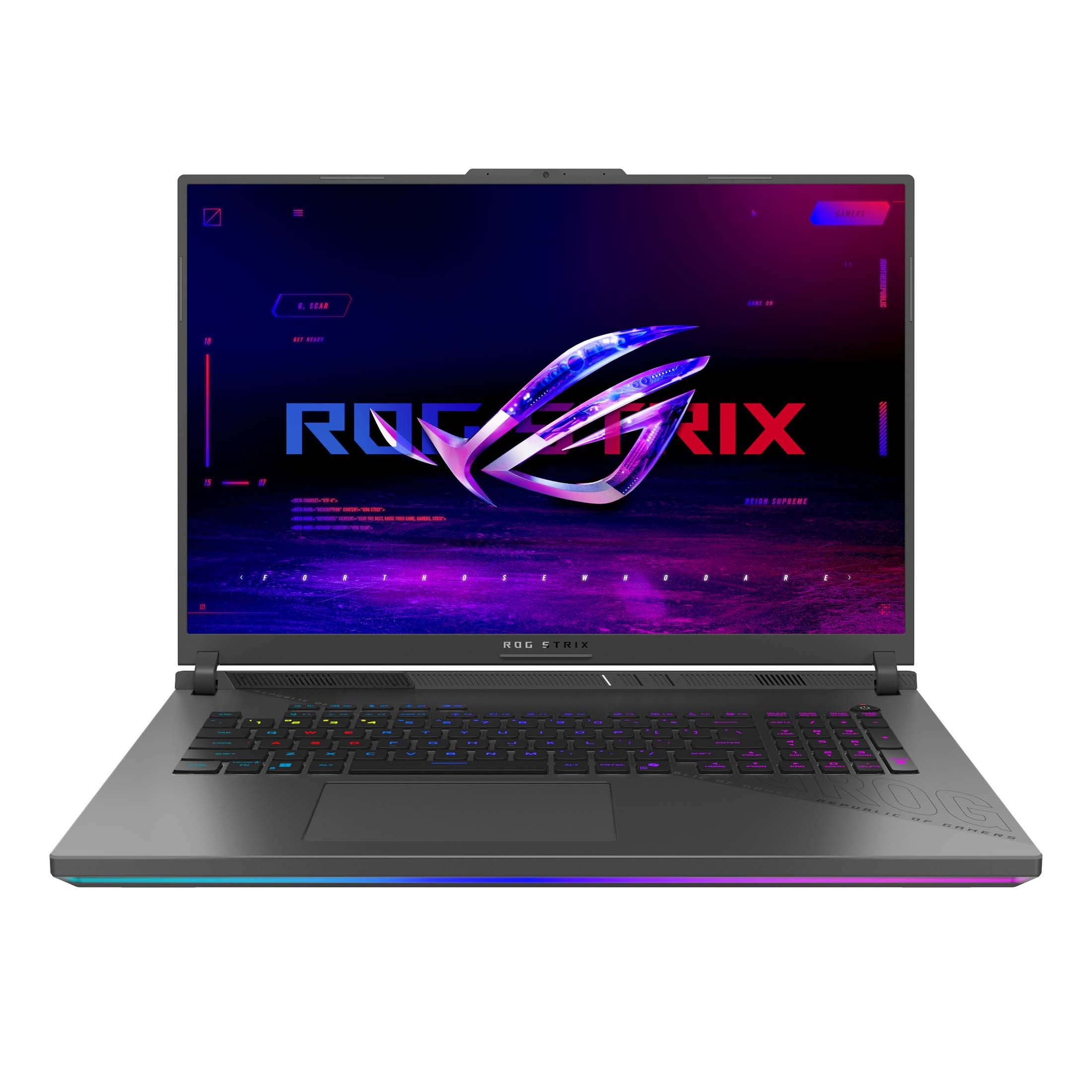 Ein ROG Strix Gaming-Laptop mit beleuchteter Tastatur und RGB-Akzenten.